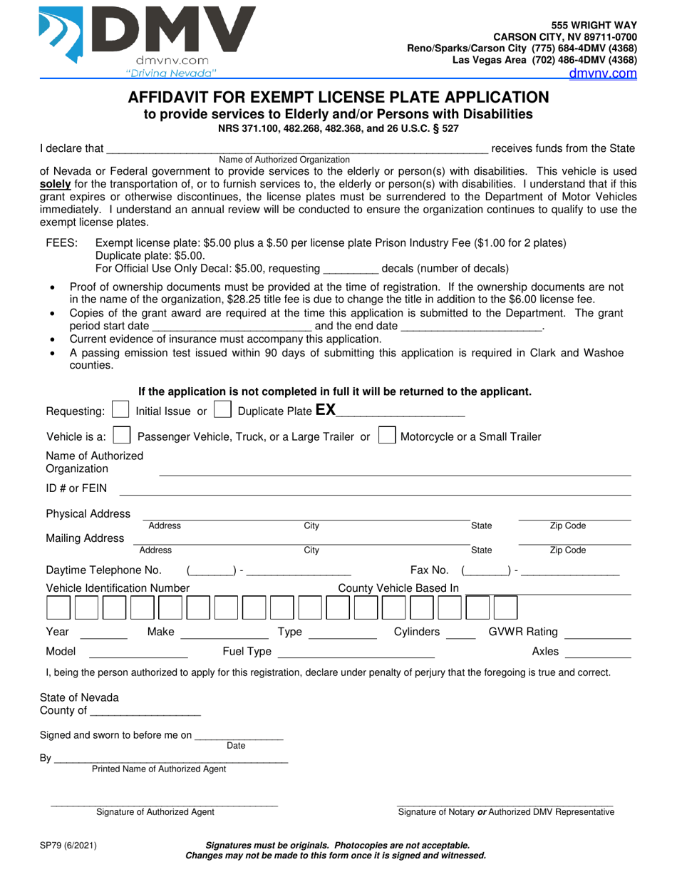 Form SP79 Affidavit for Exempt License Plate Application to Provide Services to Elderly and / or Persons With Disabilities - Nevada, Page 1