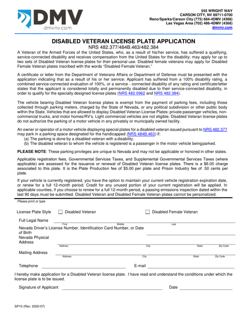 Form SP10 Disabled Veteran License Plate Application - Nevada