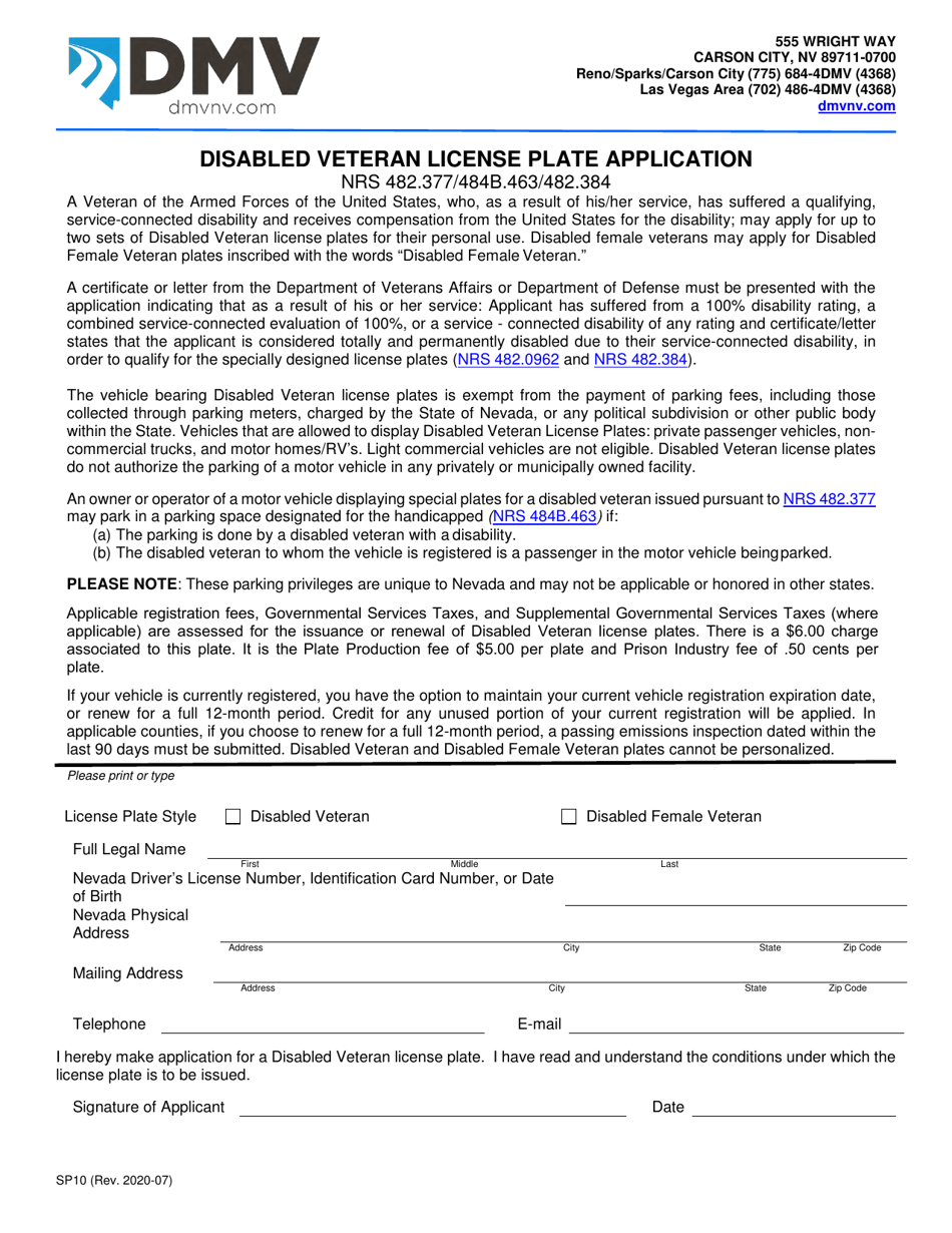 Form SP10 Disabled Veteran License Plate Application - Nevada, Page 1