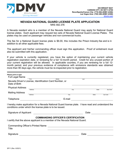Form SP11 Nevada National Guard License Plate Application - Nevada