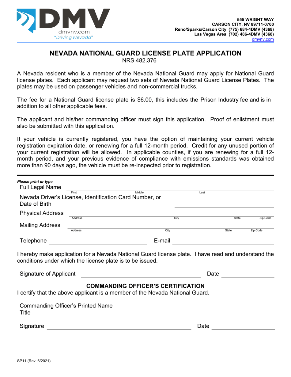 Form SP11 Nevada National Guard License Plate Application - Nevada, Page 1