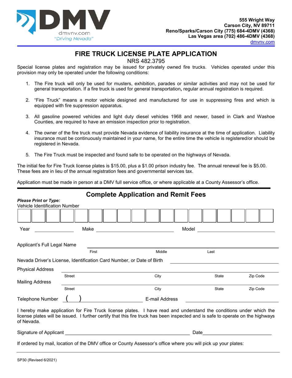 Form SP30 Fire Truck License Plate Application - Nevada, Page 1