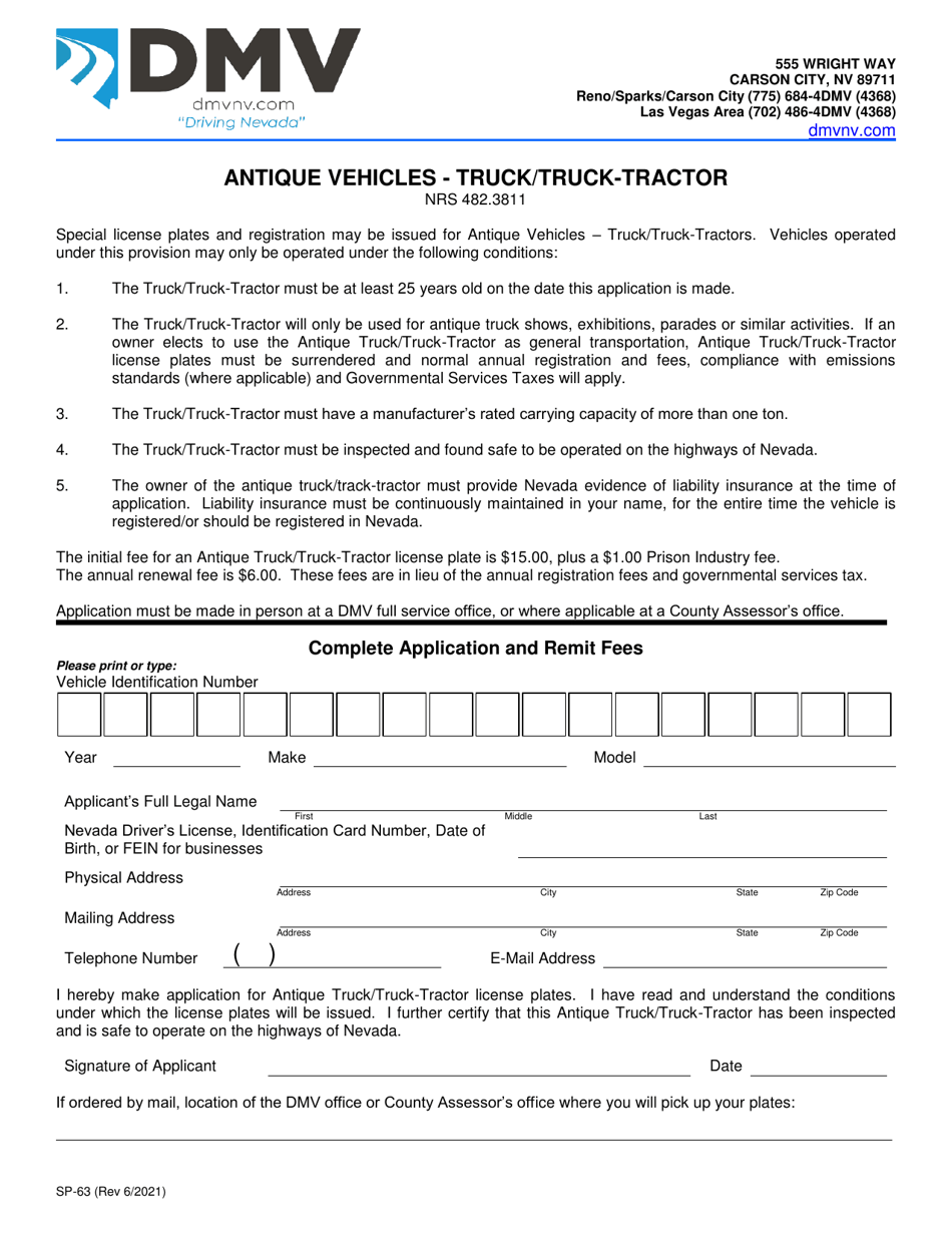 Form SP63 Antique Vehicles - Truck / Truck-Tractor License Plate Application - Nevada, Page 1