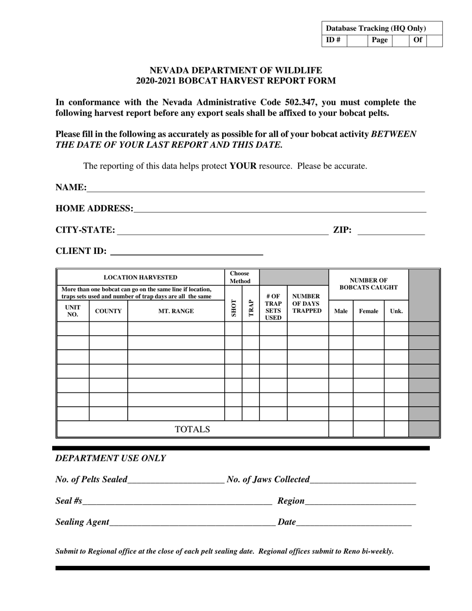 Bobcat Harvest Report Form - Nevada, Page 1