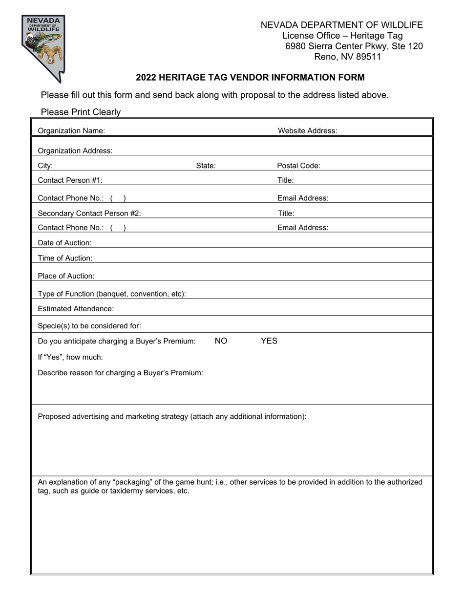 Heritage Tag Vendor Information Form - Nevada, Page 1