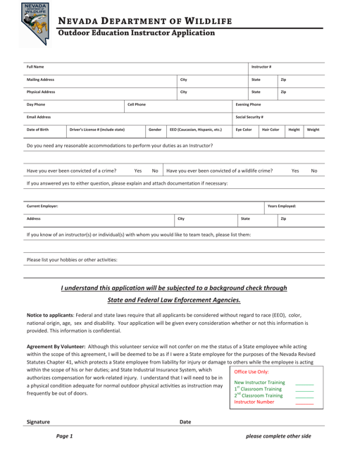 Outdoor Education Instructor Application - Nevada Download Pdf
