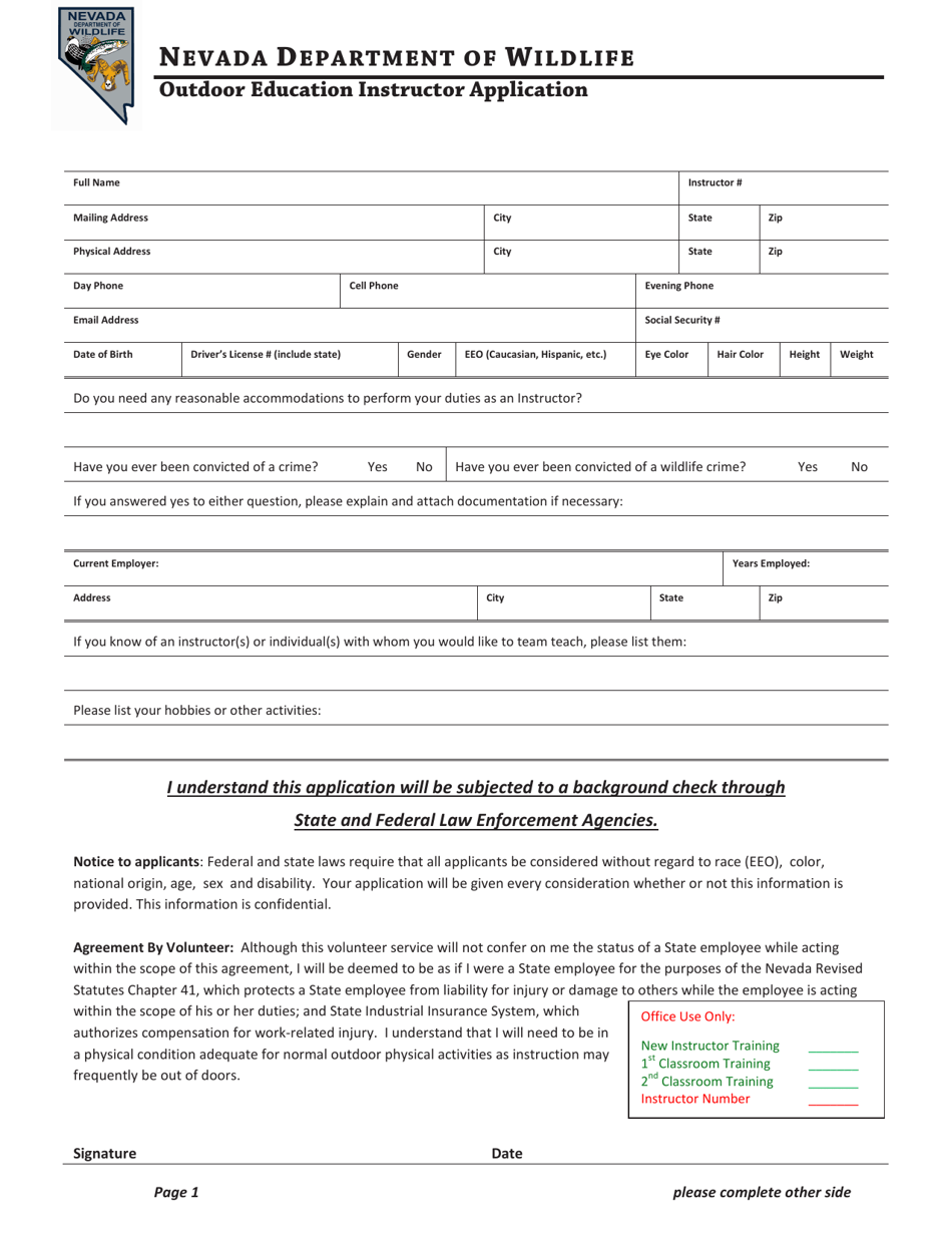 Outdoor Education Instructor Application - Nevada, Page 1