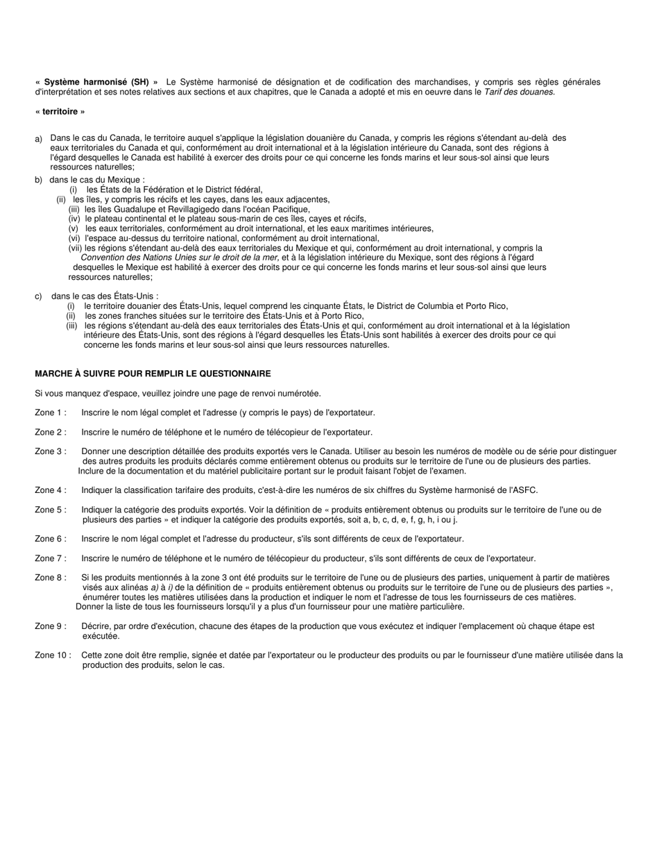 Forme B230 Accord De Libre-Echange Nord-Americain (Alena) Questionnaire Pour La Verification De Lorigine - Produits Entierement Obtenus Ou Produits Sur Le Territoire De Lune Ou De Plusieurs DES Parties - Canada (French), Page 3