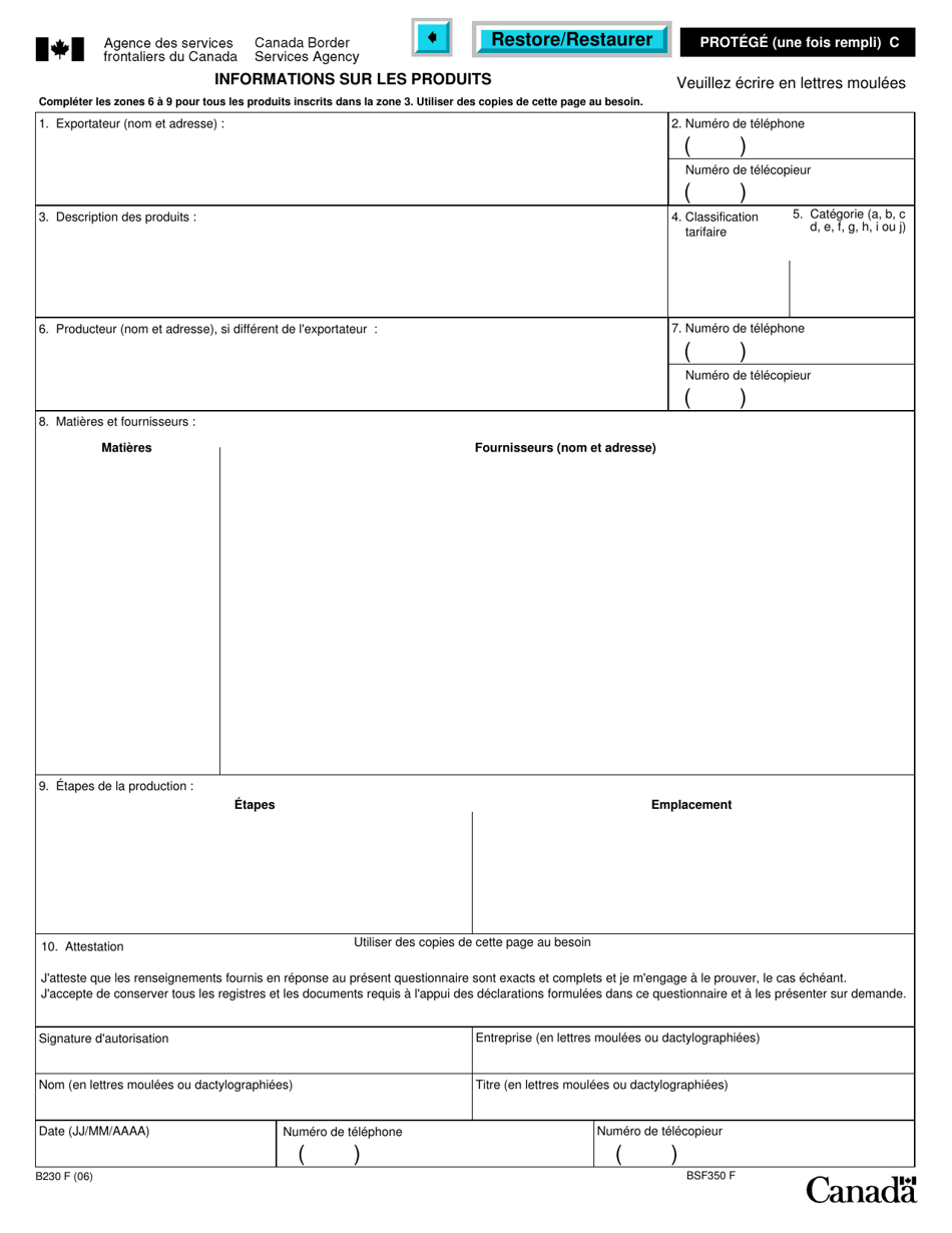 Forme B230 Accord De Libre-Echange Nord-Americain (Alena) Questionnaire Pour La Verification De Lorigine - Produits Entierement Obtenus Ou Produits Sur Le Territoire De Lune Ou De Plusieurs DES Parties - Canada (French), Page 4