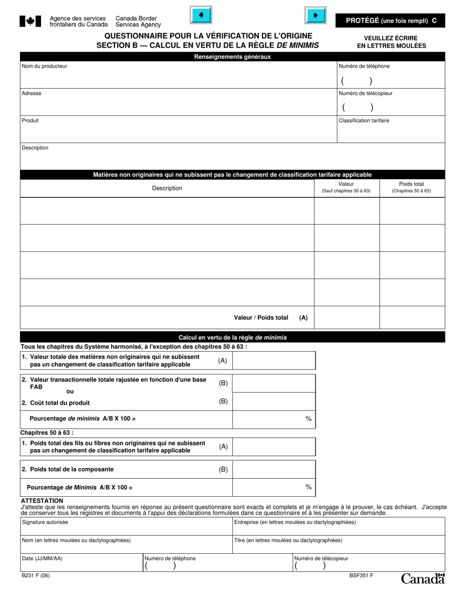 Forme B231 Accord De Libre-Echange Nord-Americain (Alena) Questionnaire Pour La Verification De Lorigine - Changement De Classification Tarifaire - Canada (French), Page 10