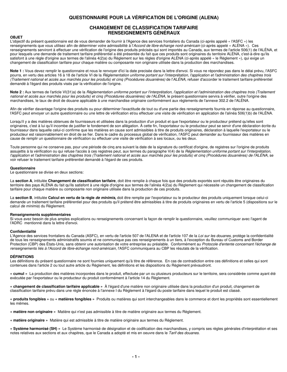 Forme B231 Accord De Libre-Echange Nord-Americain (Alena) Questionnaire Pour La Verification De Lorigine - Changement De Classification Tarifaire - Canada (French), Page 2