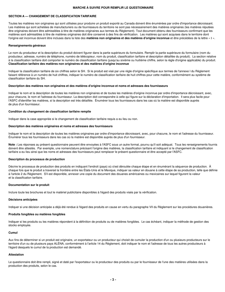 Forme B231 Accord De Libre-Echange Nord-Americain (Alena) Questionnaire Pour La Verification De Lorigine - Changement De Classification Tarifaire - Canada (French), Page 4