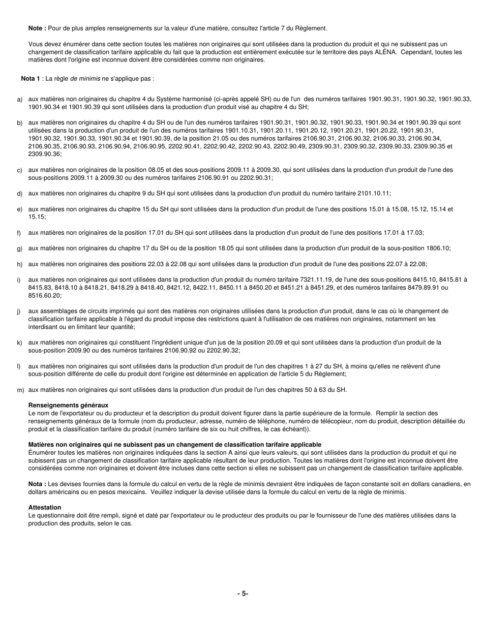 Forme B231 Accord De Libre-Echange Nord-Americain (Alena) Questionnaire Pour La Verification De Lorigine - Changement De Classification Tarifaire - Canada (French), Page 6
