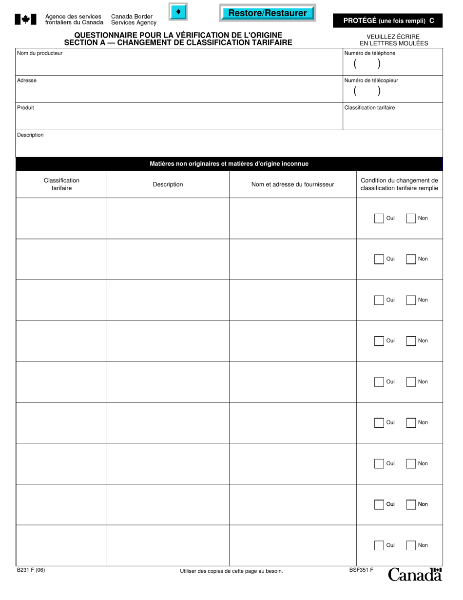 Forme B231 Accord De Libre-Echange Nord-Americain (Alena) Questionnaire Pour La Verification De Lorigine - Changement De Classification Tarifaire - Canada (French), Page 7