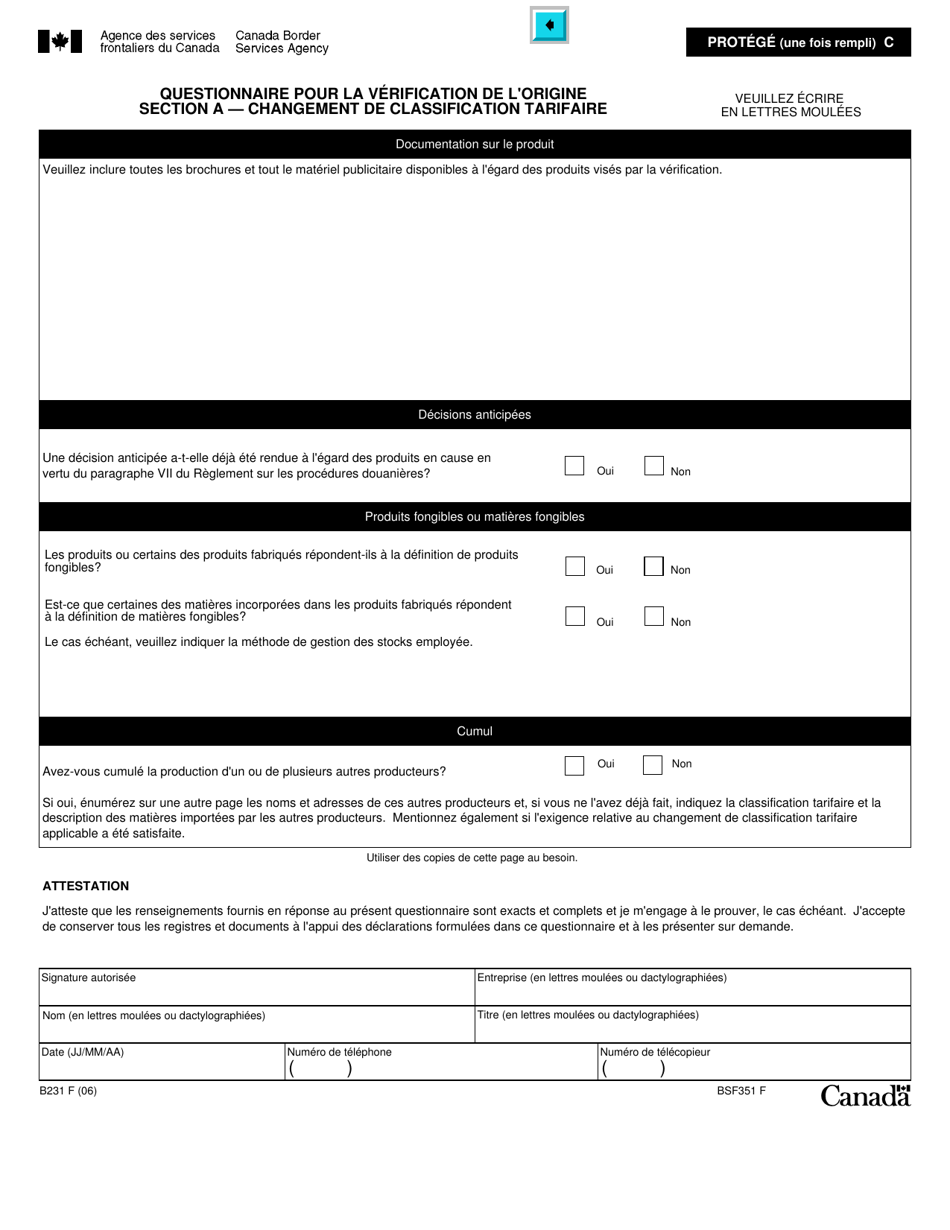 Forme B231 Accord De Libre-Echange Nord-Americain (Alena) Questionnaire Pour La Verification De Lorigine - Changement De Classification Tarifaire - Canada (French), Page 9