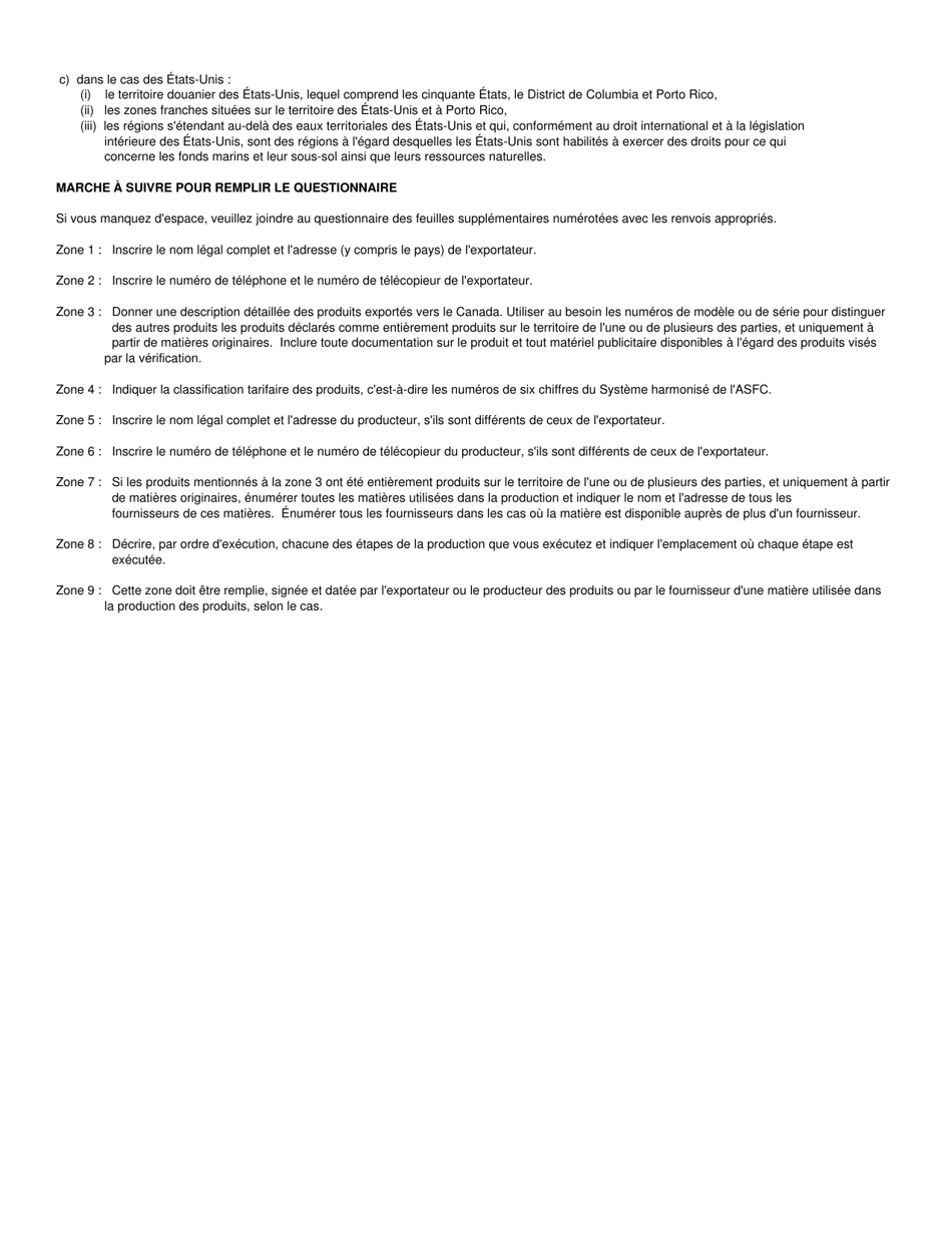 Forme B235 Accord De Libre-Echange Nord-Americain (Alena) Questionnaire Pour La Verification De Lorigine - Produits Entierement Produits Sur Le Territoire De Lune Ou De Plusieurs DES Parties, Et Uniquement a Partir De Matieres Originaires - Canada (French), Page 3