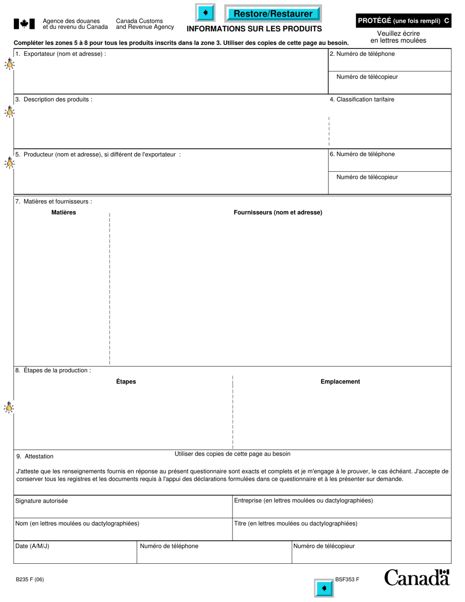 Forme B235 Accord De Libre-Echange Nord-Americain (Alena) Questionnaire Pour La Verification De Lorigine - Produits Entierement Produits Sur Le Territoire De Lune Ou De Plusieurs DES Parties, Et Uniquement a Partir De Matieres Originaires - Canada (French), Page 4