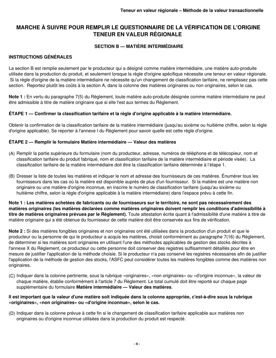 Forme B229 Accord De Libre-Echange Nord-Americain (Alena) Questionnaire Pour La Verification De Lorigine Teneur En Valeur Regionale - Methode De La Valeur Transactionnelle - Canada (French), Page 10
