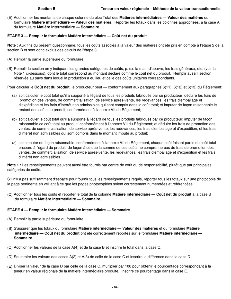 Forme B229 Accord De Libre-Echange Nord-Americain (Alena) Questionnaire Pour La Verification De Lorigine Teneur En Valeur Regionale - Methode De La Valeur Transactionnelle - Canada (French), Page 11