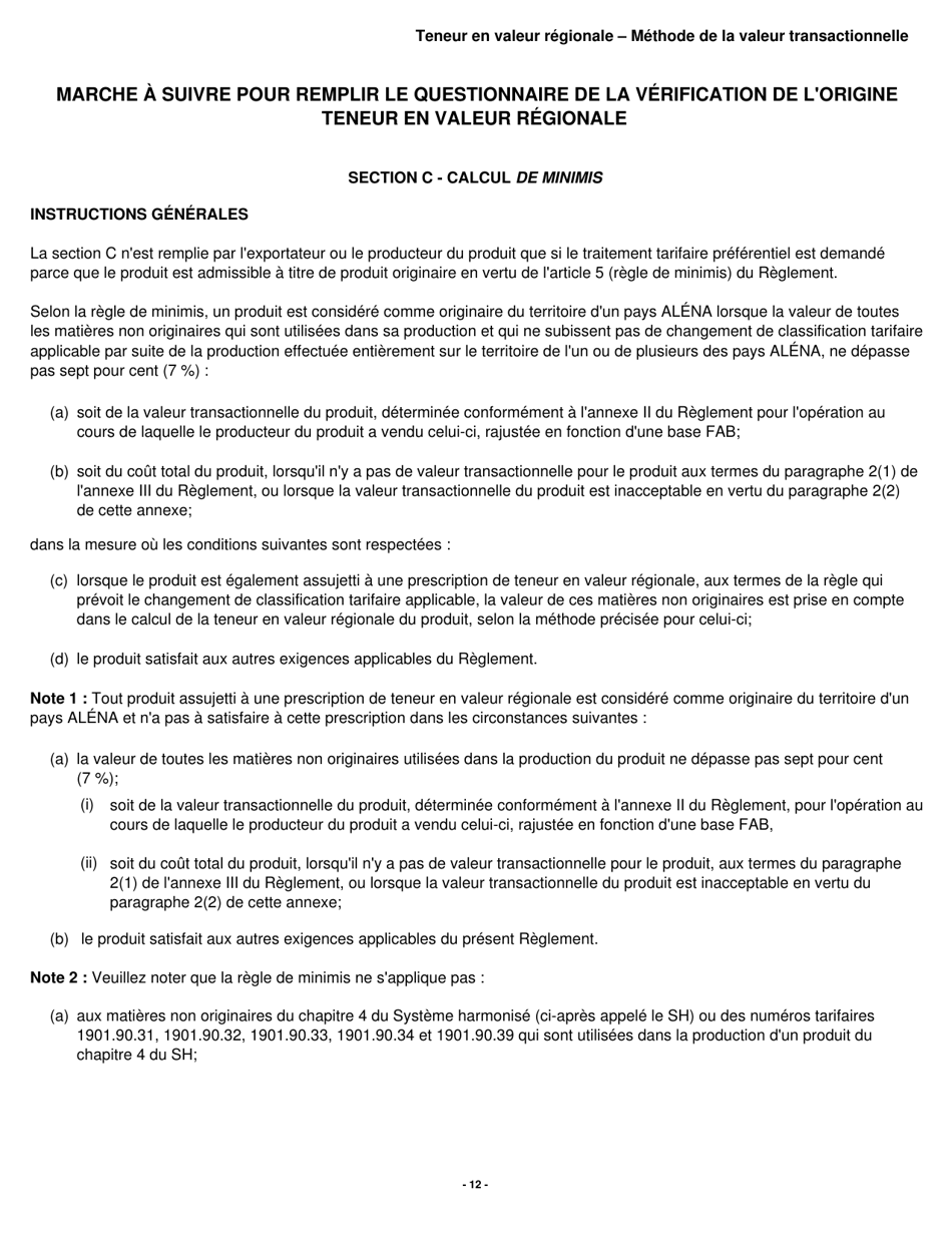 Forme B229 Accord De Libre-Echange Nord-Americain (Alena) Questionnaire Pour La Verification De Lorigine Teneur En Valeur Regionale - Methode De La Valeur Transactionnelle - Canada (French), Page 13