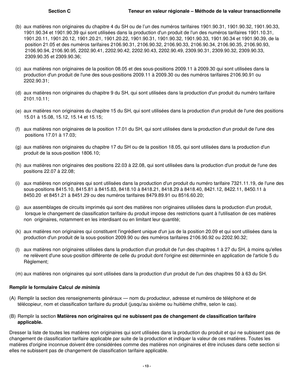 Forme B229 Accord De Libre-Echange Nord-Americain (Alena) Questionnaire Pour La Verification De Lorigine Teneur En Valeur Regionale - Methode De La Valeur Transactionnelle - Canada (French), Page 14