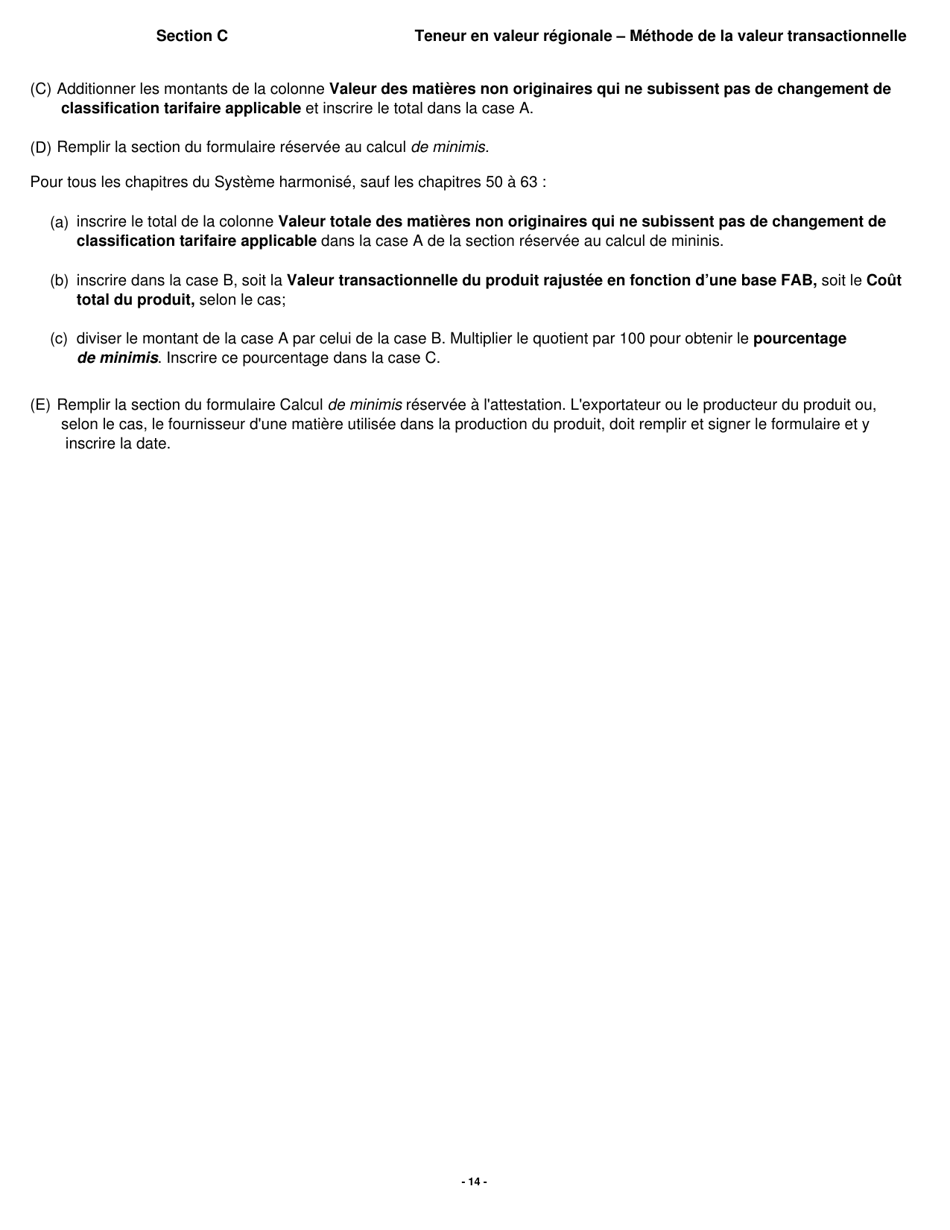 Forme B229 Accord De Libre-Echange Nord-Americain (Alena) Questionnaire Pour La Verification De Lorigine Teneur En Valeur Regionale - Methode De La Valeur Transactionnelle - Canada (French), Page 15