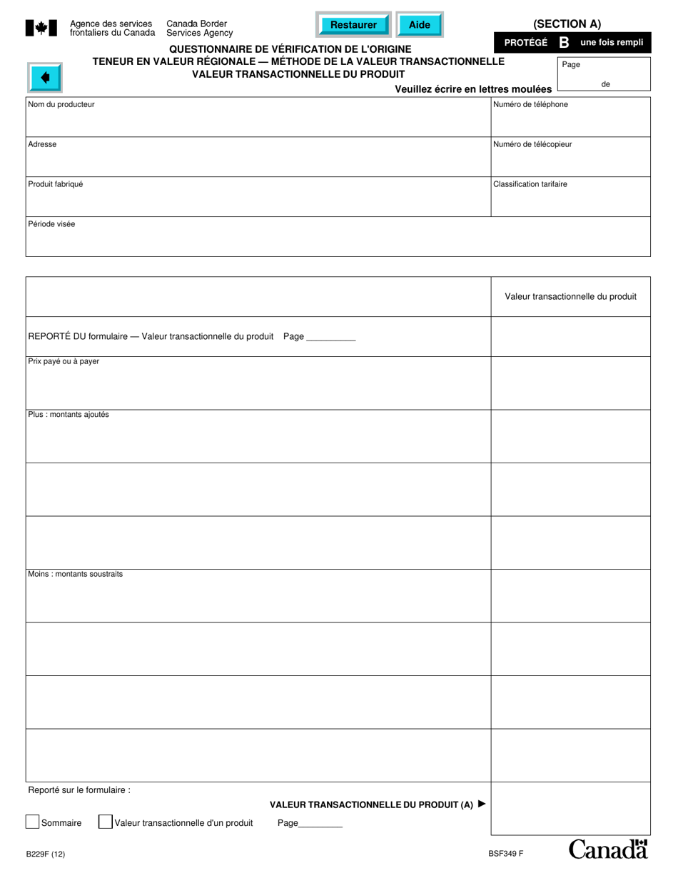 Forme B229 Accord De Libre-Echange Nord-Americain (Alena) Questionnaire Pour La Verification De Lorigine Teneur En Valeur Regionale - Methode De La Valeur Transactionnelle - Canada (French), Page 16