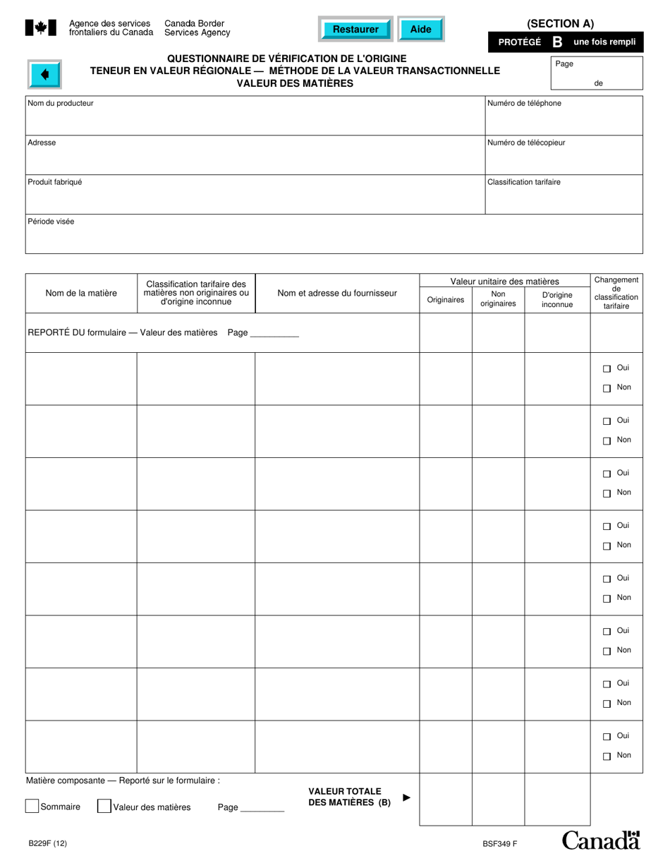 Forme B229 Accord De Libre-Echange Nord-Americain (Alena) Questionnaire Pour La Verification De Lorigine Teneur En Valeur Regionale - Methode De La Valeur Transactionnelle - Canada (French), Page 17