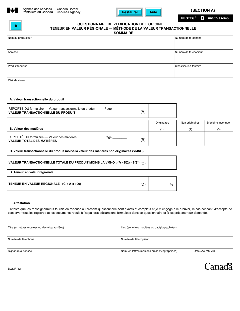 Forme B229 Accord De Libre-Echange Nord-Americain (Alena) Questionnaire Pour La Verification De Lorigine Teneur En Valeur Regionale - Methode De La Valeur Transactionnelle - Canada (French), Page 18