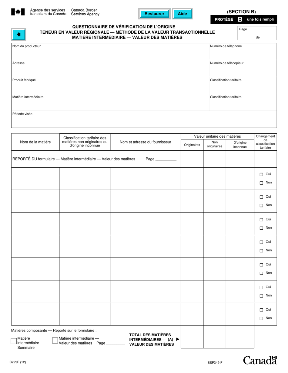 Forme B229 Accord De Libre-Echange Nord-Americain (Alena) Questionnaire Pour La Verification De Lorigine Teneur En Valeur Regionale - Methode De La Valeur Transactionnelle - Canada (French), Page 20