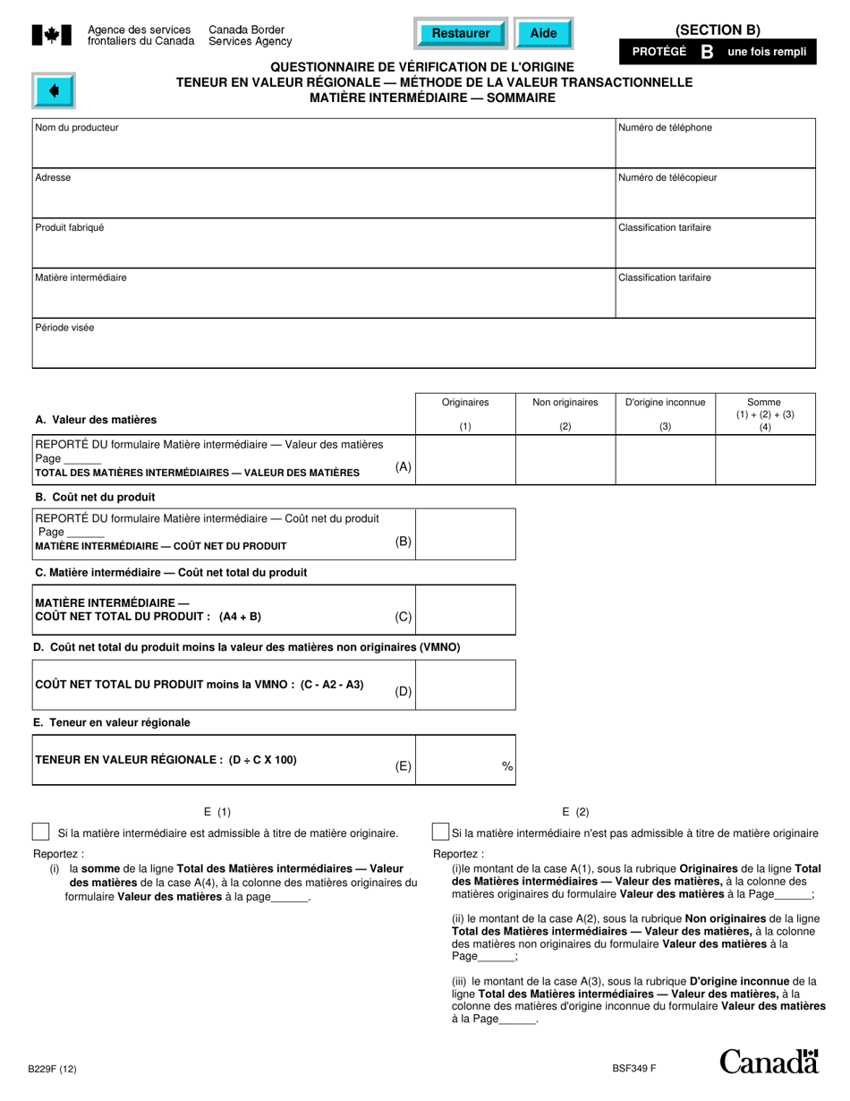 Forme B229 Accord De Libre-Echange Nord-Americain (Alena) Questionnaire Pour La Verification De Lorigine Teneur En Valeur Regionale - Methode De La Valeur Transactionnelle - Canada (French), Page 22