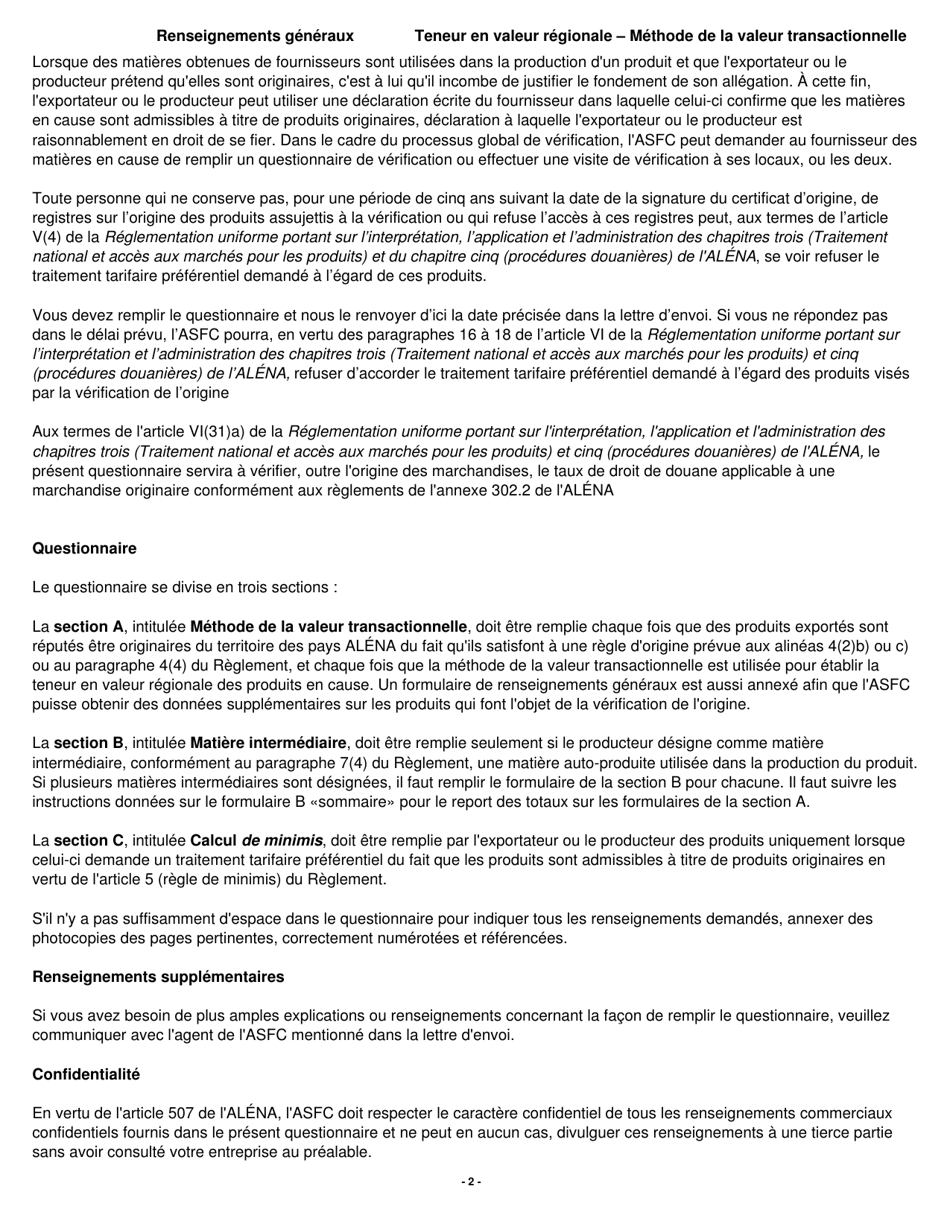 Forme B229 Accord De Libre-Echange Nord-Americain (Alena) Questionnaire Pour La Verification De Lorigine Teneur En Valeur Regionale - Methode De La Valeur Transactionnelle - Canada (French), Page 3