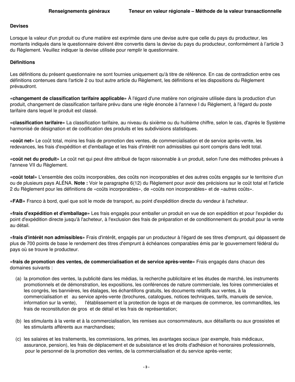 Forme B229 Accord De Libre-Echange Nord-Americain (Alena) Questionnaire Pour La Verification De Lorigine Teneur En Valeur Regionale - Methode De La Valeur Transactionnelle - Canada (French), Page 4