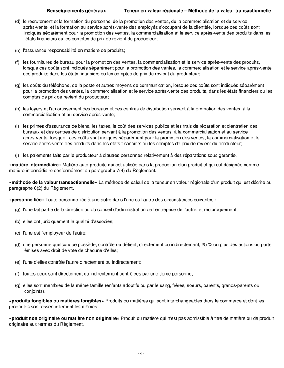 Forme B229 Accord De Libre-Echange Nord-Americain (Alena) Questionnaire Pour La Verification De Lorigine Teneur En Valeur Regionale - Methode De La Valeur Transactionnelle - Canada (French), Page 5