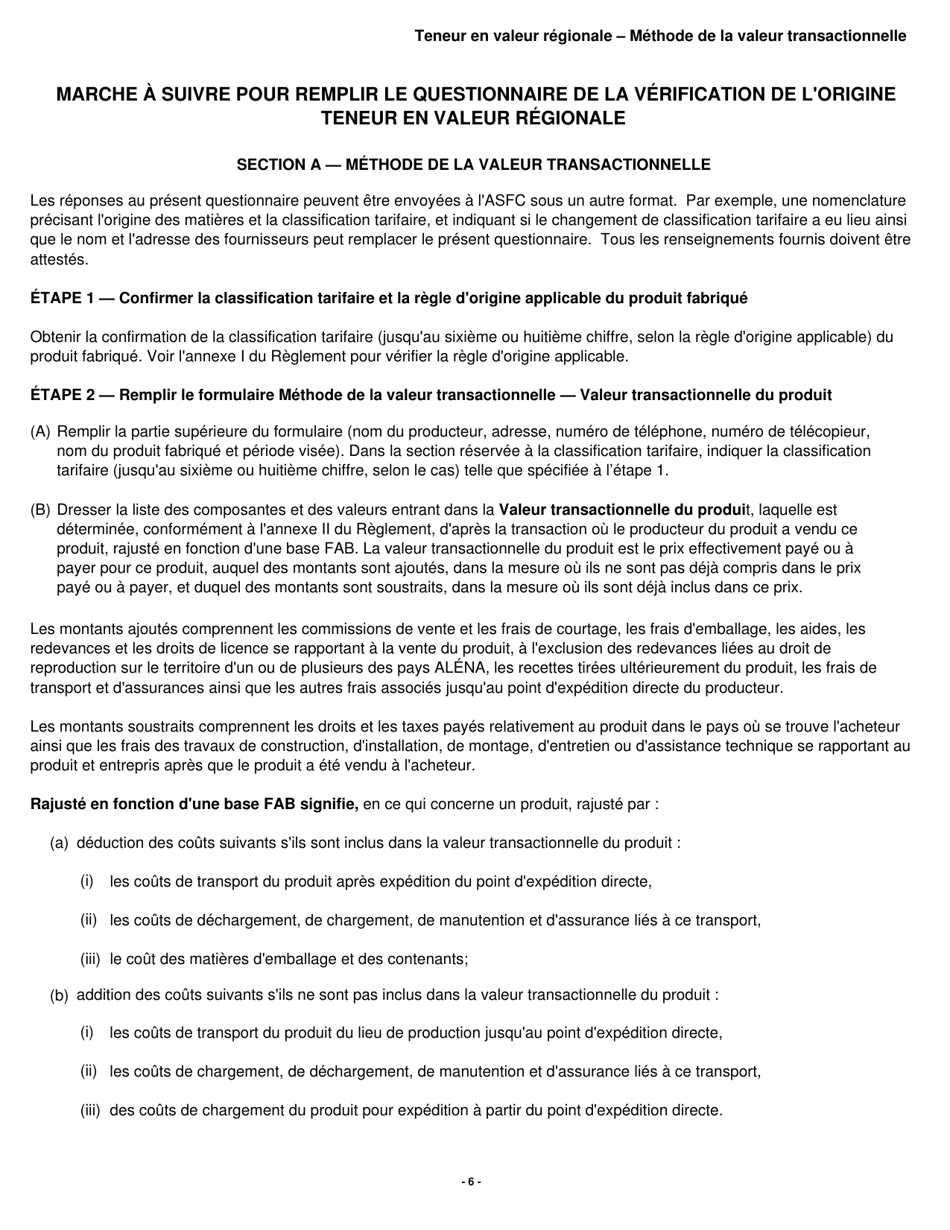 Forme B229 Accord De Libre-Echange Nord-Americain (Alena) Questionnaire Pour La Verification De Lorigine Teneur En Valeur Regionale - Methode De La Valeur Transactionnelle - Canada (French), Page 7