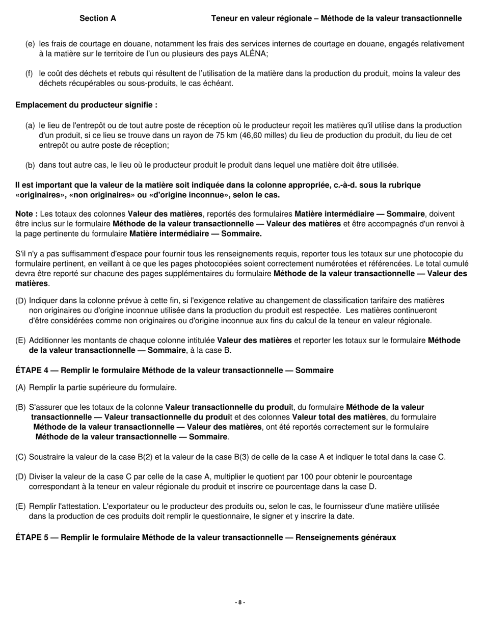 Forme B229 Accord De Libre-Echange Nord-Americain (Alena) Questionnaire Pour La Verification De Lorigine Teneur En Valeur Regionale - Methode De La Valeur Transactionnelle - Canada (French), Page 9