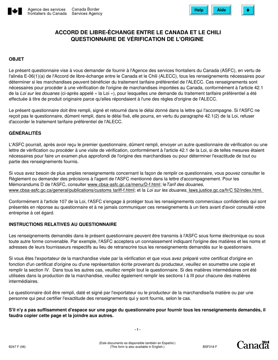 Forme B247 Accord De Libre-Echange Entre Le Canada Et Le Chili Questionnaire De Verification De Lorigine - Canada (French), Page 1