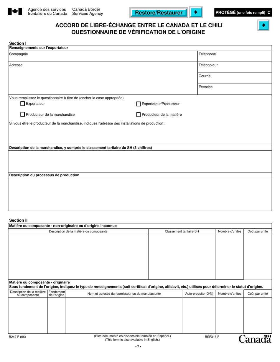 Forme B247 Accord De Libre-Echange Entre Le Canada Et Le Chili Questionnaire De Verification De Lorigine - Canada (French), Page 2