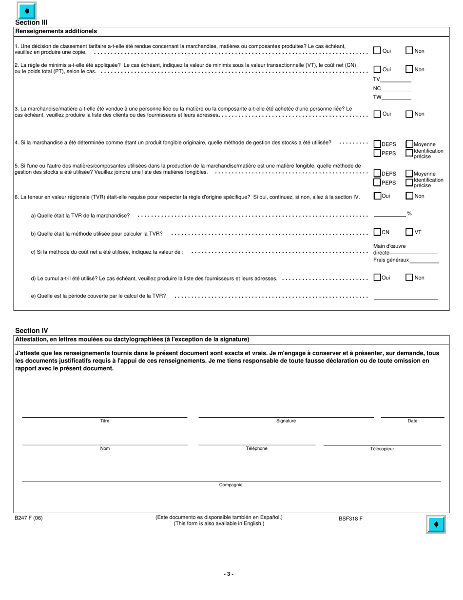 Forme B247 Accord De Libre-Echange Entre Le Canada Et Le Chili Questionnaire De Verification De Lorigine - Canada (French), Page 3