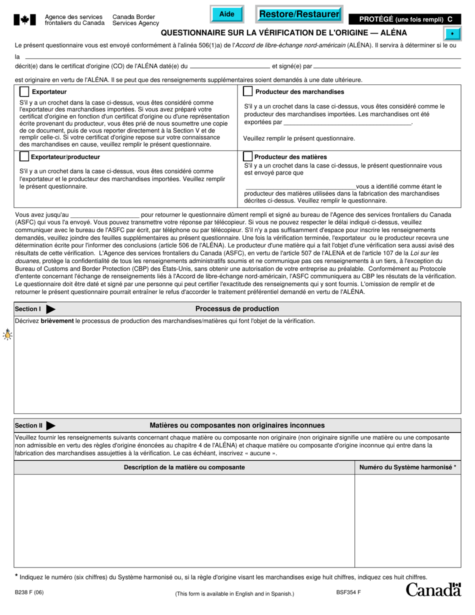 Forme B238 Questionnaire Sur La Verification De Lorigine - Alena - Canada (French), Page 1