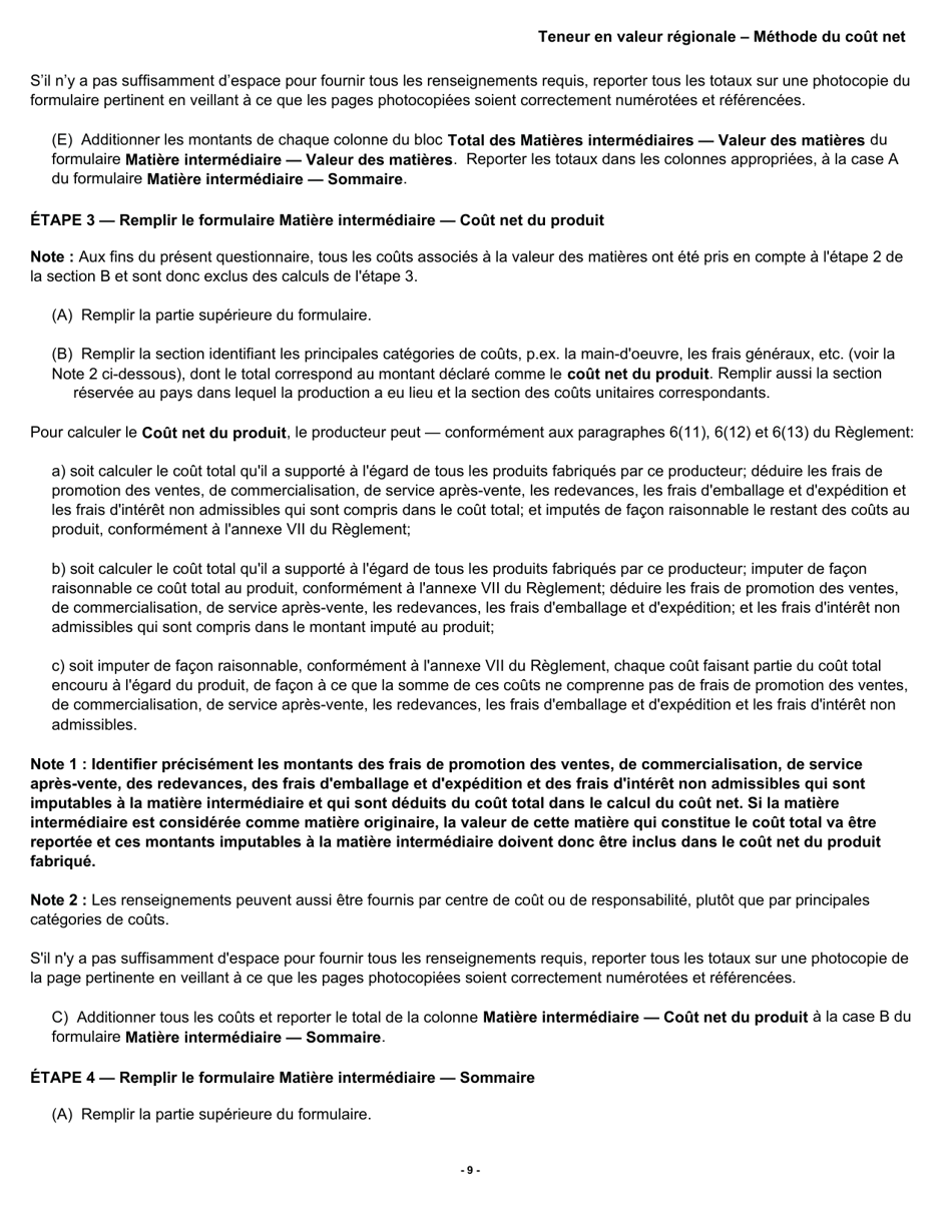 Forme B228 Accord De Libre-Echange Nord-Americain (Alena) Questionnaire Pour La Verification De Lorigine Teneur En Valeur Regionale - Methode Du Cout Net - Canada (French), Page 10