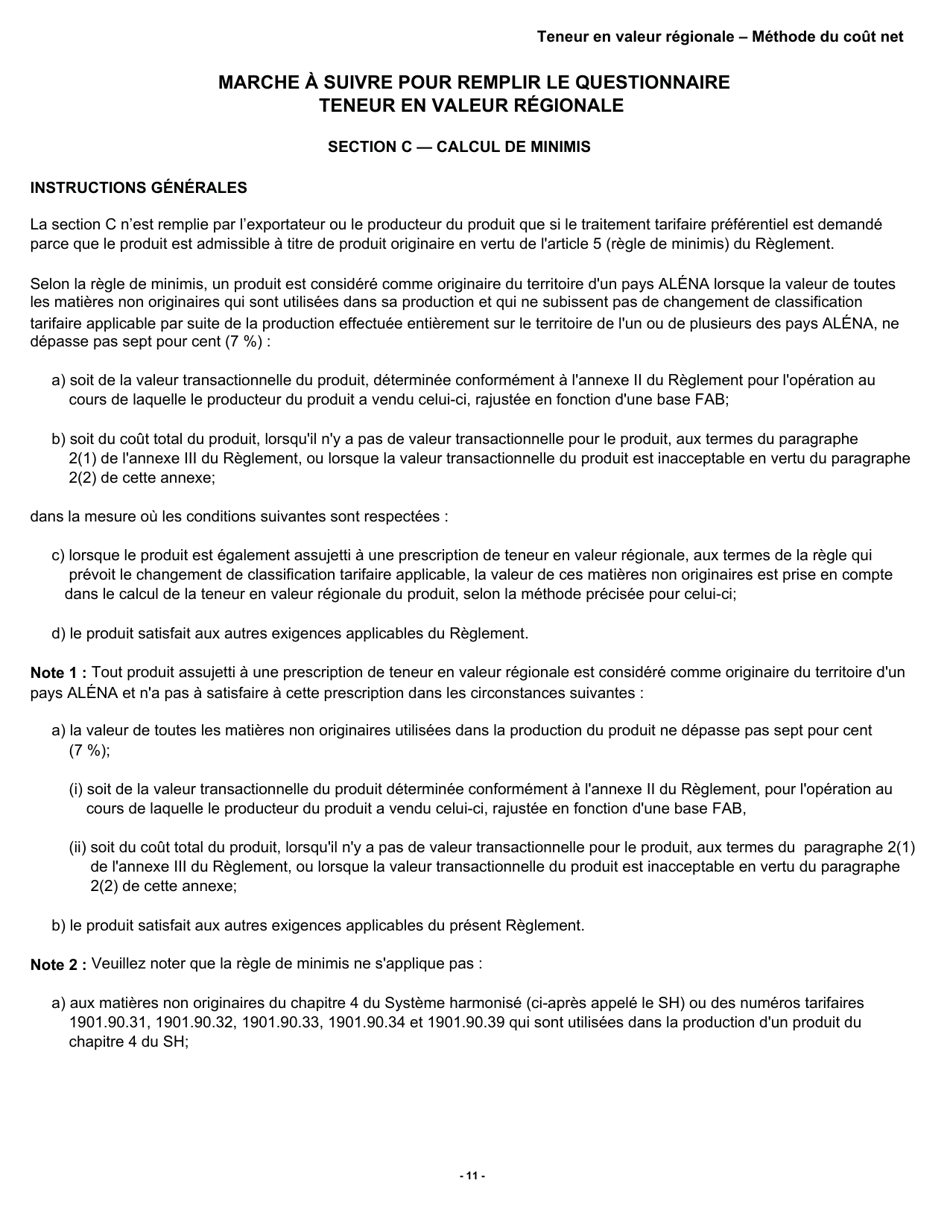 Forme B228 Accord De Libre-Echange Nord-Americain (Alena) Questionnaire Pour La Verification De Lorigine Teneur En Valeur Regionale - Methode Du Cout Net - Canada (French), Page 12