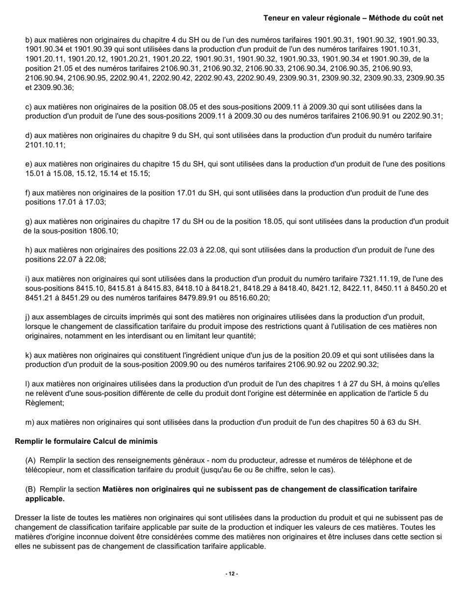 Forme B228 Accord De Libre-Echange Nord-Americain (Alena) Questionnaire Pour La Verification De Lorigine Teneur En Valeur Regionale - Methode Du Cout Net - Canada (French), Page 13