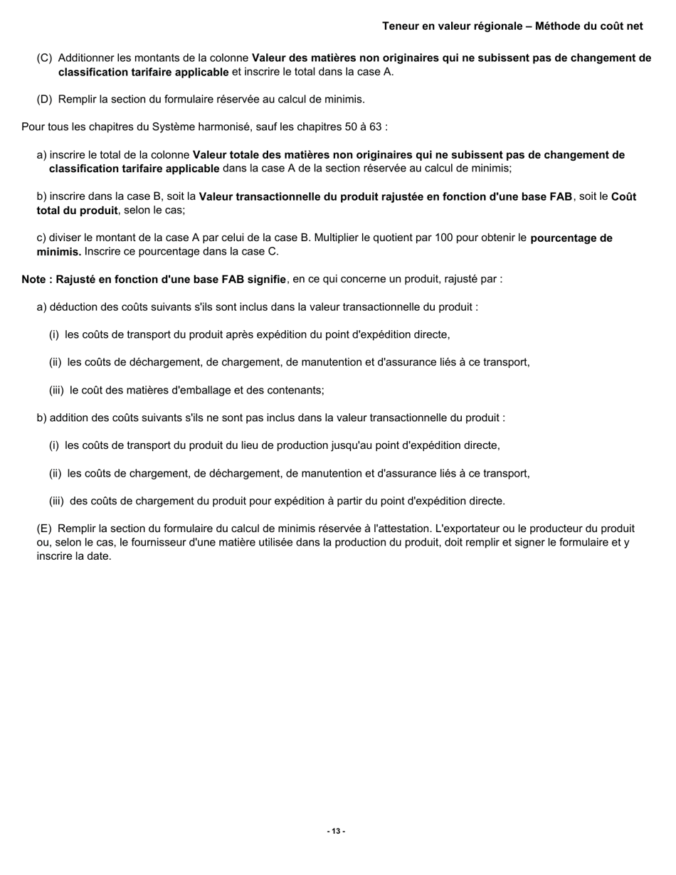 Forme B228 Accord De Libre-Echange Nord-Americain (Alena) Questionnaire Pour La Verification De Lorigine Teneur En Valeur Regionale - Methode Du Cout Net - Canada (French), Page 14