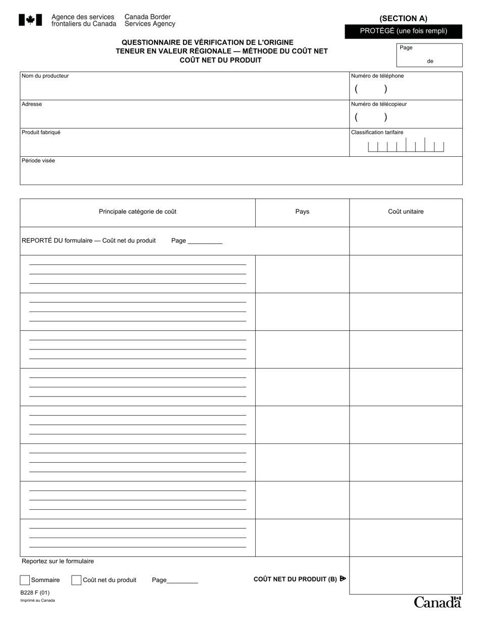 Forme B228 Accord De Libre-Echange Nord-Americain (Alena) Questionnaire Pour La Verification De Lorigine Teneur En Valeur Regionale - Methode Du Cout Net - Canada (French), Page 16