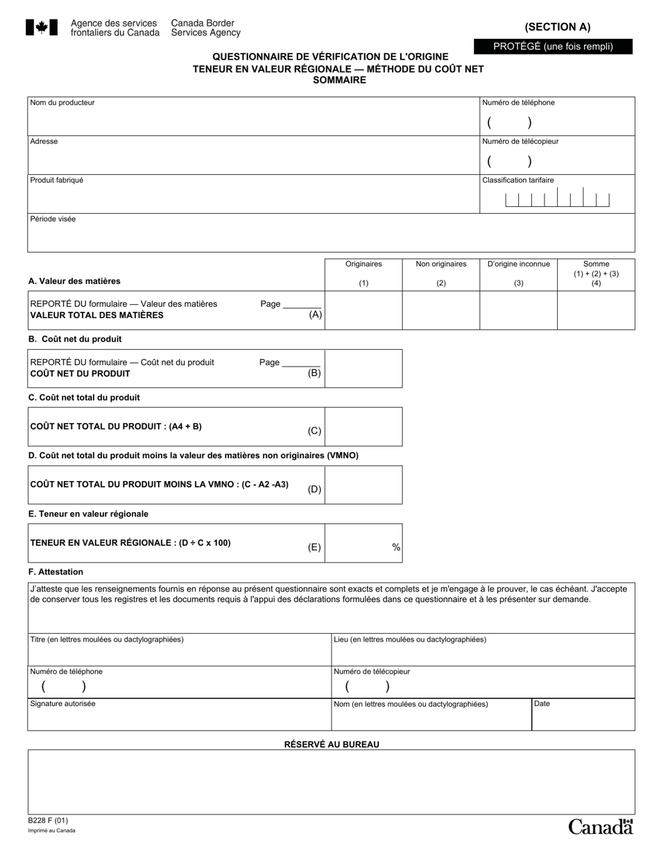 Forme B228 Accord De Libre-Echange Nord-Americain (Alena) Questionnaire Pour La Verification De Lorigine Teneur En Valeur Regionale - Methode Du Cout Net - Canada (French), Page 17