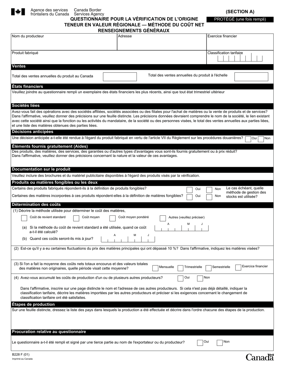 Forme B228 Accord De Libre-Echange Nord-Americain (Alena) Questionnaire Pour La Verification De Lorigine Teneur En Valeur Regionale - Methode Du Cout Net - Canada (French), Page 18