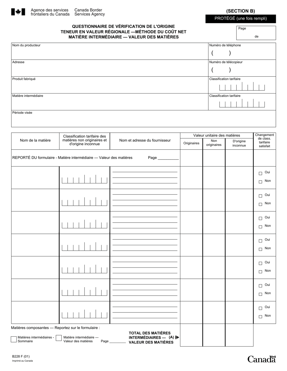 Forme B228 Accord De Libre-Echange Nord-Americain (Alena) Questionnaire Pour La Verification De Lorigine Teneur En Valeur Regionale - Methode Du Cout Net - Canada (French), Page 19