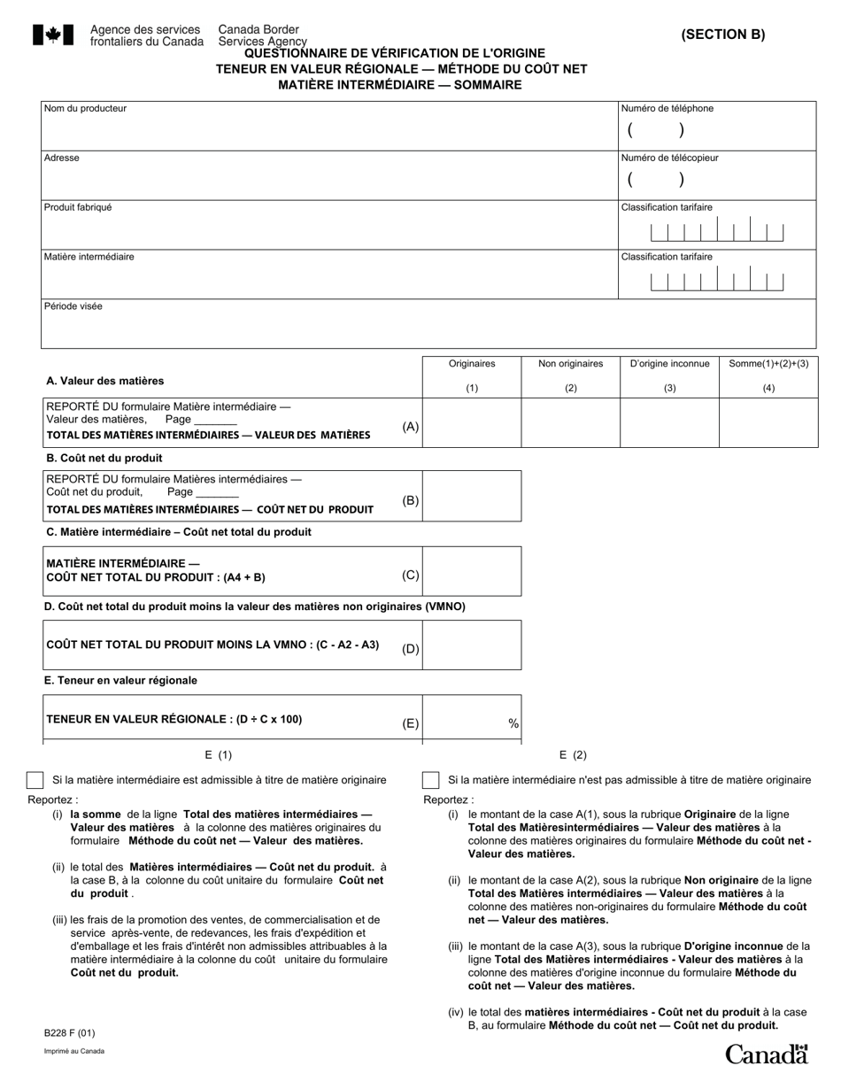 Forme B228 Accord De Libre-Echange Nord-Americain (Alena) Questionnaire Pour La Verification De Lorigine Teneur En Valeur Regionale - Methode Du Cout Net - Canada (French), Page 21