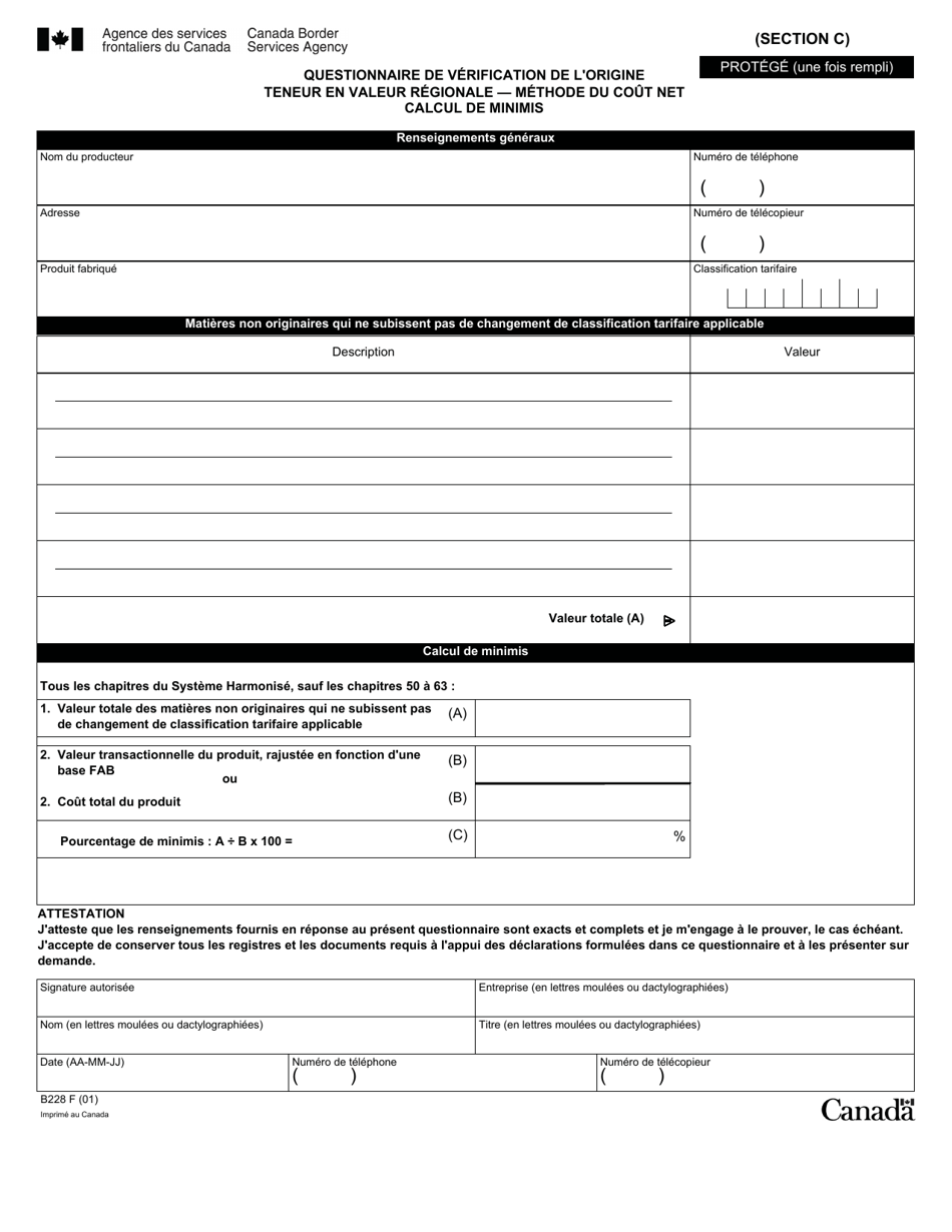 Forme B228 Accord De Libre-Echange Nord-Americain (Alena) Questionnaire Pour La Verification De Lorigine Teneur En Valeur Regionale - Methode Du Cout Net - Canada (French), Page 22